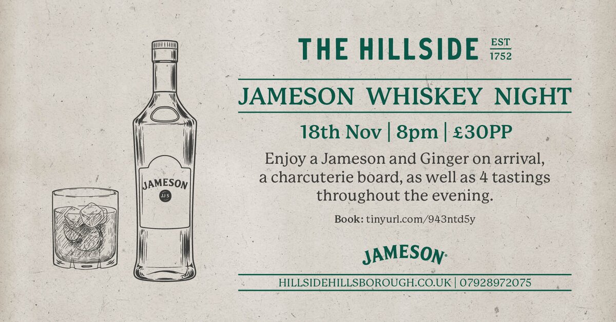 JAMESON WHISKEY NIGHT at The Hillside, Hillsborough on Tue 18 Nov 2025
